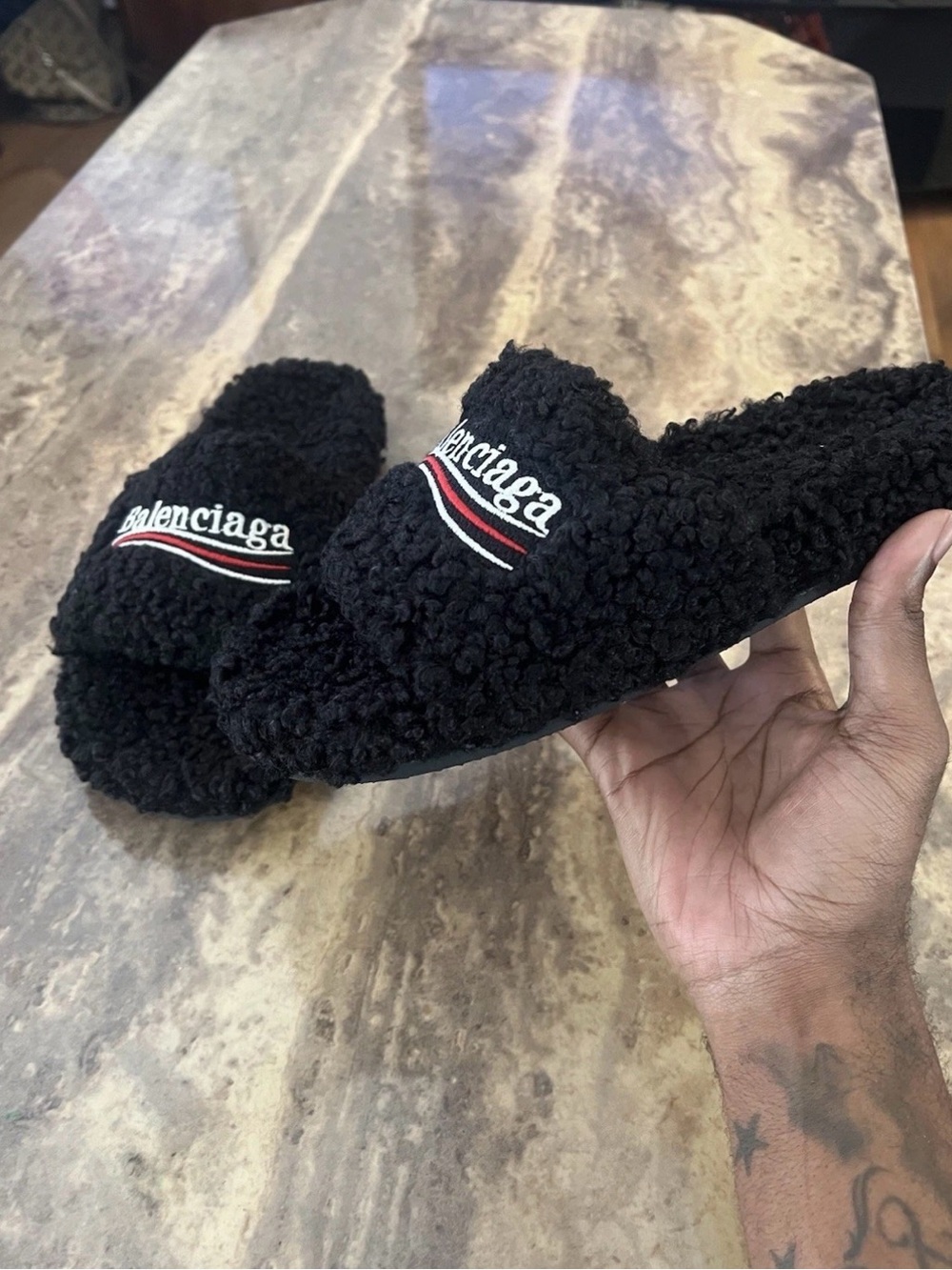 Balenciaga Black Fuzzy Slide Sandals with Red & White Stripe EU44/ size 11